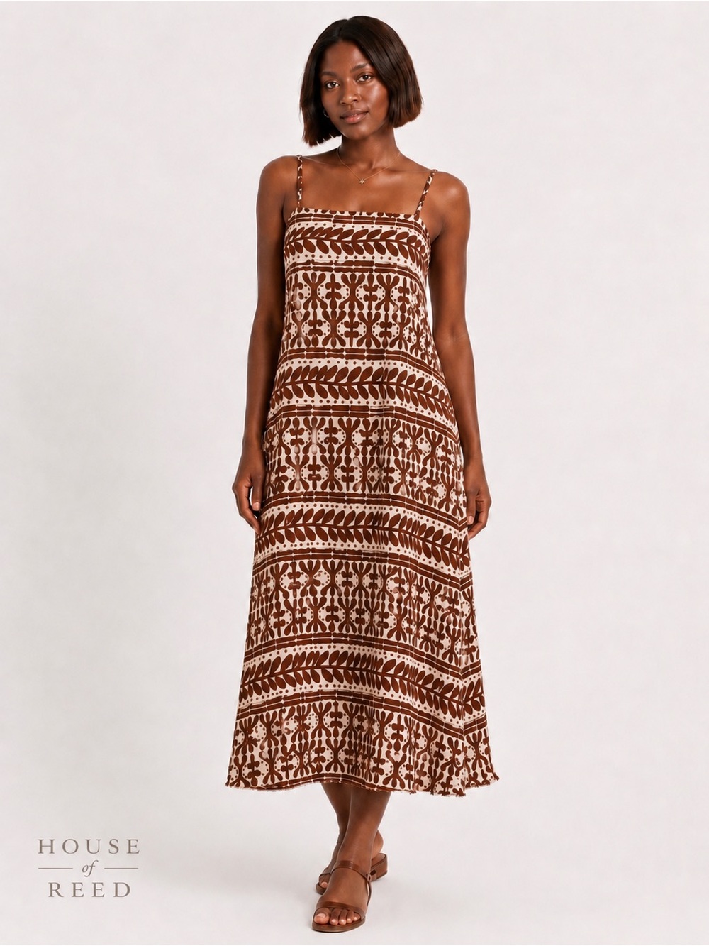 Zara Linen Blend Brown Cream Boho Midi Dress Size S Spaghetti Strap Tribal Print